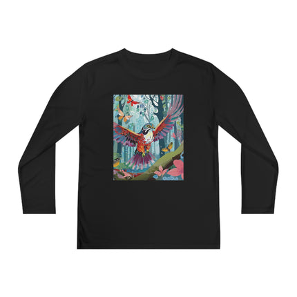 A Colorful Raptor Youth Long Sleeve Competitor Tee – Dino Adventure & Forest Wonder