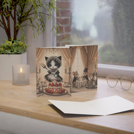 🐈🍓 The Little Parlour Maid’s Strawberry Tea Greeting Card – Whimsical Animal Adventure