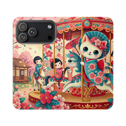 🎠🌸 Geisha Kitten's Enchanted Carousel Flip Case – Whimsical Dreams & Cherry Blossom Magic