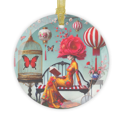 Reading In A Painted Garden Glass Ornament