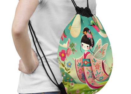 Geisha Fairy and the Hummingbird Drawstring Bag