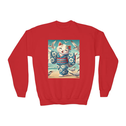Geisha Kitten by the Seaside Youth Crewneck Sweatshirt – Coastal Charm, Joy & Whimsical Elegance