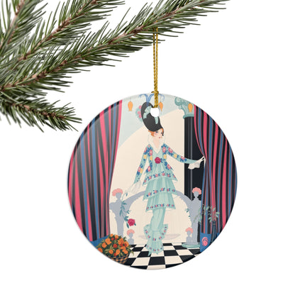 🌹🎭 The Lady Between The Curtains Ceramic Ornament – Art Deco Floral Theatre