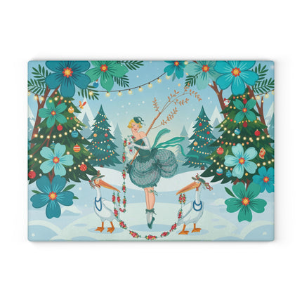 🪶🎄 The Lady Of The Christmas Bird Garden Glass Cutting Board – Art Deco Holiday Fantasy