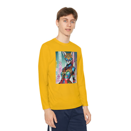 Cyber Cat Glamour Youth Long Sleeve Competitor Tee – Neon Elegance & Futuristic Style