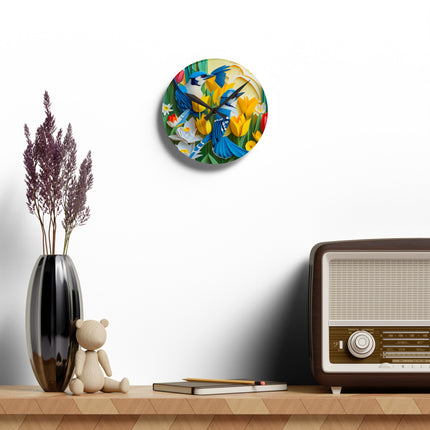 Blue Jays in a Spring Garden Acrylic Wall Clock, Round and Square