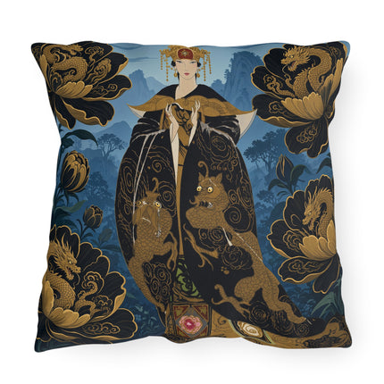 🐉🌺 The Golden Dragon Empress Outdoor Pillow – Art Deco Oriental Fantasy