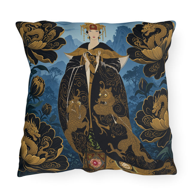 🐉🌺 The Golden Dragon Empress Outdoor Pillow – Art Deco Oriental Fantasy