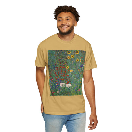 Farm Garden with Sunflowers by Gustav Klimt Unisex Garment-Dyed T-shirt