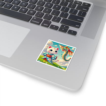 🪁🐉 Geisha Kitten and the Dragon Kite Kiss-Cut Sticker – Joyful Flight & Dragon Spirit