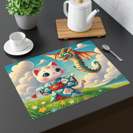 🐱🐉 Geisha Kitten and the Dragon Kite Placemat – Whimsical Japanese Skateboard Fantasy
