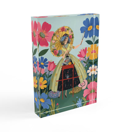 🌸🪞 The Lady Of The Flower Parasol Acrylic Art Block – Art Deco Garden Whimsy