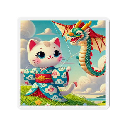 Geisha Kitten and the Dragon Kite Die-Cut Magnets (5 Sizes)