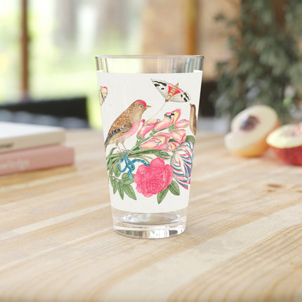 Birds on Bouquet with Tulip, Rose, Snapdragons, and Butterflies Glass, 16oz