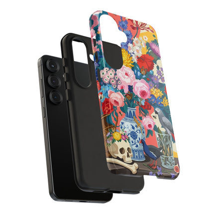 Floral Vanitas Phone Case – Parrot & Porcelain Splendor