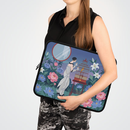 🦜🌸 The Lady And The Golden Bird Laptop Sleeve – Art Deco Garden Elegance