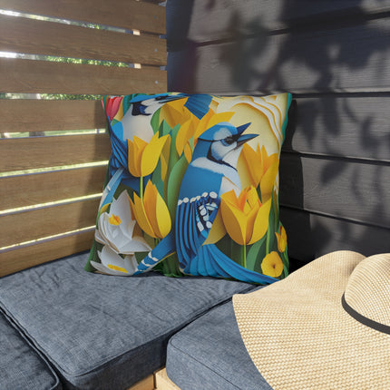 Blue Jays in a Spring Garden Outdoor Pillows