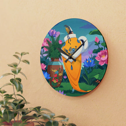 🌺✨ The Lady Of The Golden Lotus Garden Acrylic Wall Clock – Art Deco Floral Fantasy