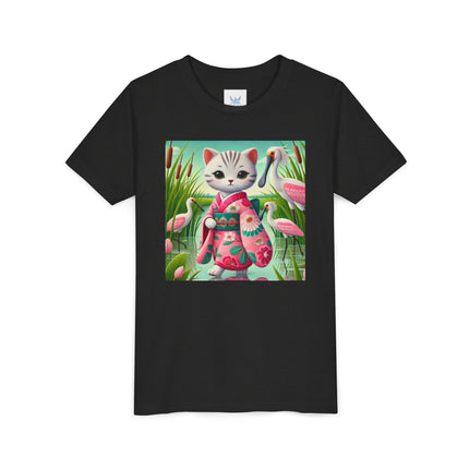 Geisha Kitten Strolls Among the Spoonbills Youth Short Sleeve Tee