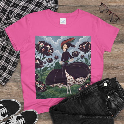 ❤️🌺 The Scarlet Parasol Garden Cotton Tee – Art Deco Floral Elegance