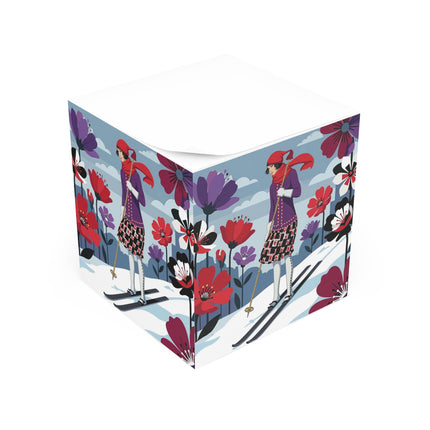 🎿🌺 The Winter Flower Skier Note Cube – Art Deco Alpine Fantasy