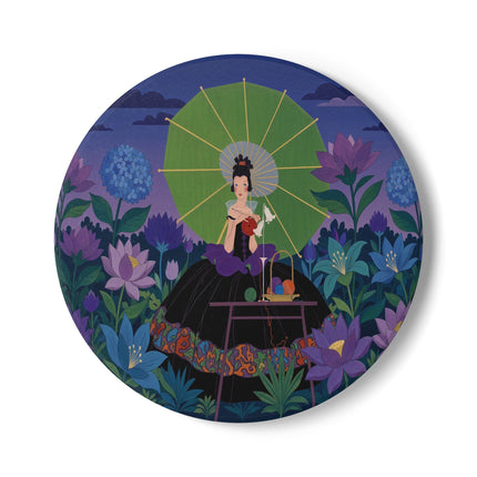 🧶☂️ The Lady Of The Moonlit Garden Knitting Ceramic Coaster – Art Deco Floral Whimsy