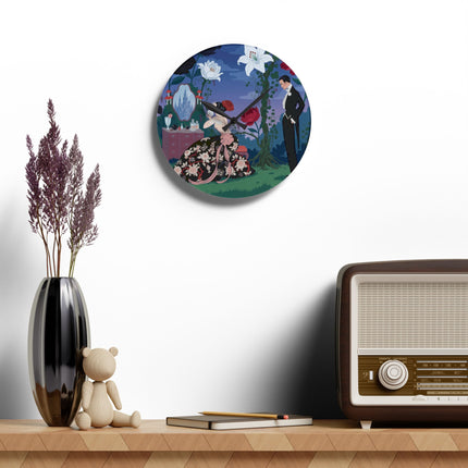 🌹🪞 The Lady Of The Midnight Garden Vanity Acrylic Wall Clock – Art Deco Floral Romance