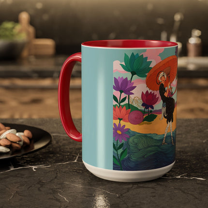 The Lady Of The Coral Parasol Colorful Mugs – Art Deco Coastal Elegance