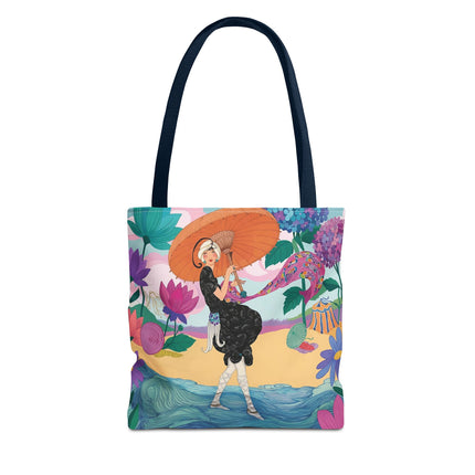 ☂️🌺 The Lady Of The Seaside Parasol Tote Bag – Art Deco Floral Fashion