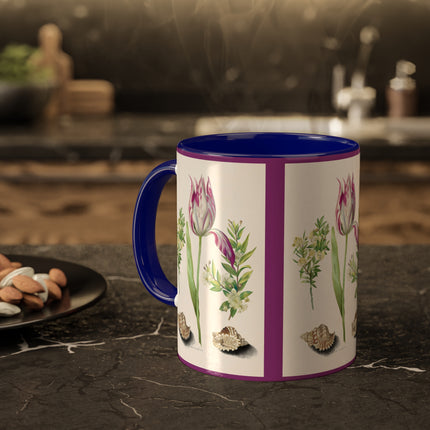 Tulip, Branches of Myrtle and Shells by Maria Sibylla Merian Colorful Mugs, 11oz