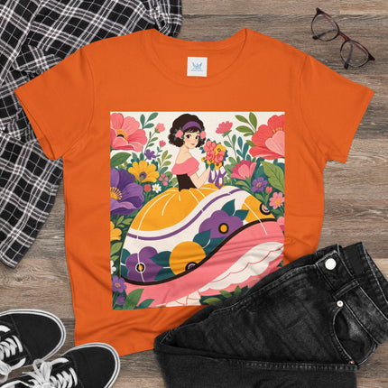 🌸💜 The Girl With The Flower Bouquet Cotton Tee – Art Deco Floral Whimsy
