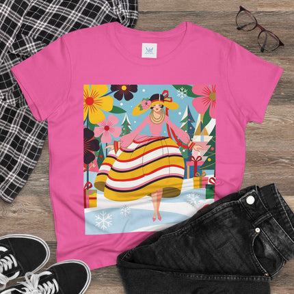 🎄🌸 The Christmas Blossom Belle Cotton Tee – Art Deco Holiday Whimsy