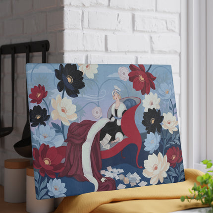🌺💌 The Lady Of The Scarlet Chaise Glass Cutting Board – Art Deco Floral Fashion Elegance