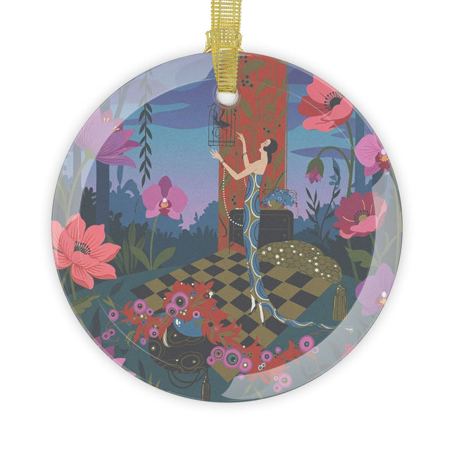 🌙🕊️ The Lady And The Midnight Birdcage Glass Ornament – Art Deco Fashion Illustration