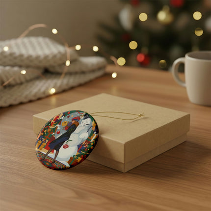 ☃️🎄 The Snowman's Christmas Companion Ceramic Ornament – Art Deco Holiday Fantasy