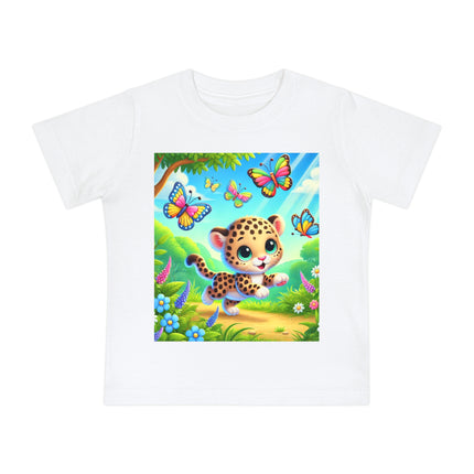 Butterfly Chase Leopard Cub Baby T-Shirt – Playful Adventure & Sunny Meadow Dreams