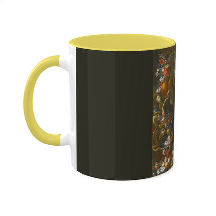 Still Life With Birds Beside An Ornate Fountain by Nicola Casissa Colorful Mugs, 11oz
