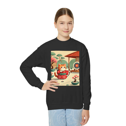 Archer Kitten in the Zen Garden Youth Crewneck Sweatshirt – Focus, Calm & Playful Precision