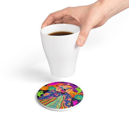 🌈👻 The Rainbow Ghost Masquerade Ceramic Coaster – Colorful Halloween Charm