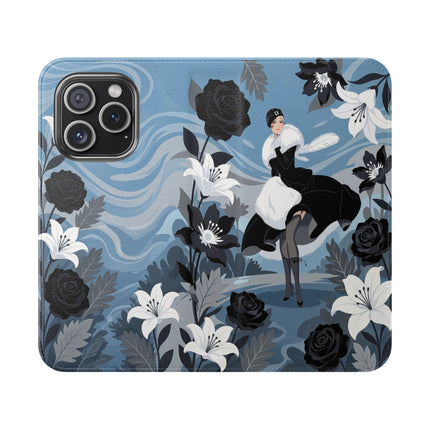 🖤🤍 The Lady Of The Black Rose Garden Flip Case – Art Deco Floral Elegance