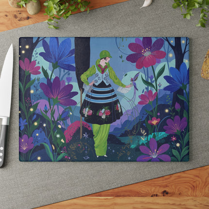 🌙🌸 The Lady Of The Firefly Garden Glass Cutting Board – Art Deco Midnight Floral Fantasy