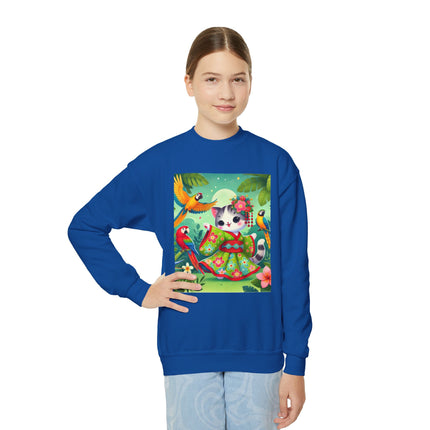 Parrot Dance of the Geisha Kitten Youth Crewneck Sweatshirt – Color, Rhythm & Joyful Expression