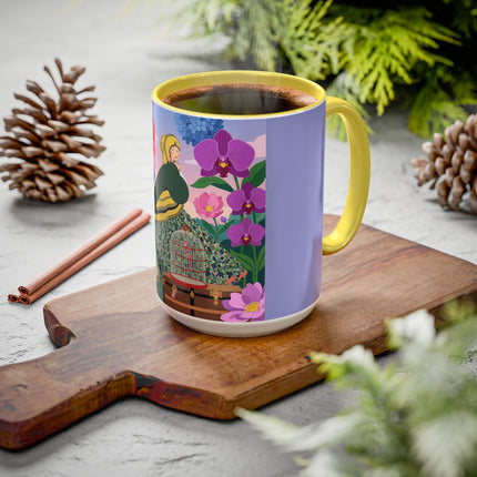 The Lady And The Crimson Birdcage Colorful Mugs – Art Deco Tropical Garden Elegance