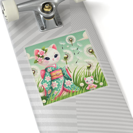 🌾🌼 Geisha Kitten and the Dandelion Wish Kiss-Cut Sticker – Gentle Wishes & Quiet Wonder