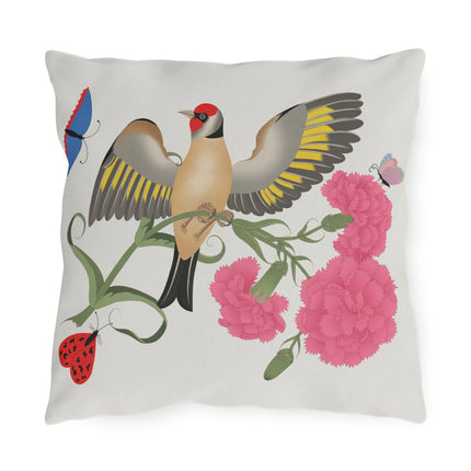 Goldfinch & Pink Flowers Outdoor Pillows – Vibrant Spring & Delicate Beauty
