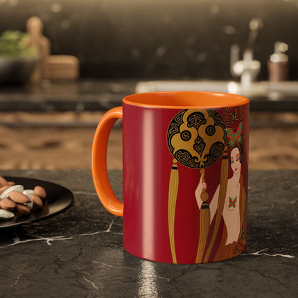 Butterfly Empress of the Crimson Pavilion Colorful Mug (11oz, 15oz) – Art Deco Beauty, Butterfly Elegance & Ornamental Style
