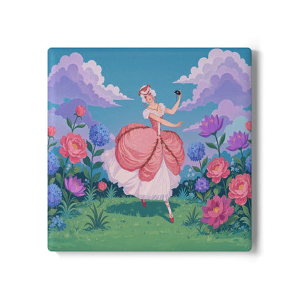 🎭🌸 The Lady Of The Secret Masquerade Ceramic Coaster – Art Deco Garden Fantasy