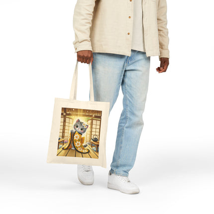 Playful Kitten in the Tea Room Cotton Canvas Tote Bag – Curious Charm & Cozy Whimsy