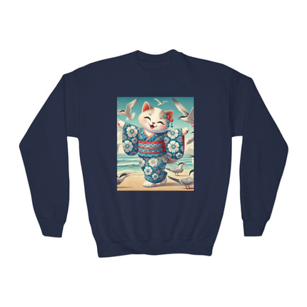 Geisha Kitten by the Seaside Youth Crewneck Sweatshirt – Coastal Charm, Joy & Whimsical Elegance
