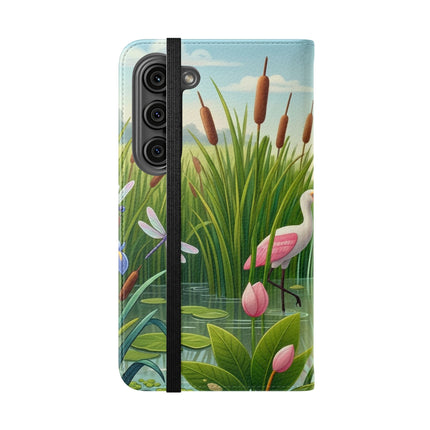 🦩🌸 Geisha Kitten Strolls Among the Spoonbills Flip Case – Serene Grace & Marshland Wonder